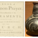 Image Description: Left: Cover page of "The Book of Common Prayer" with text detailing its contents about sacraments and ceremonies of the Church of England. Right: Ancient dark ceramic vase with intricate swirl patterns, displayed against a brown background.