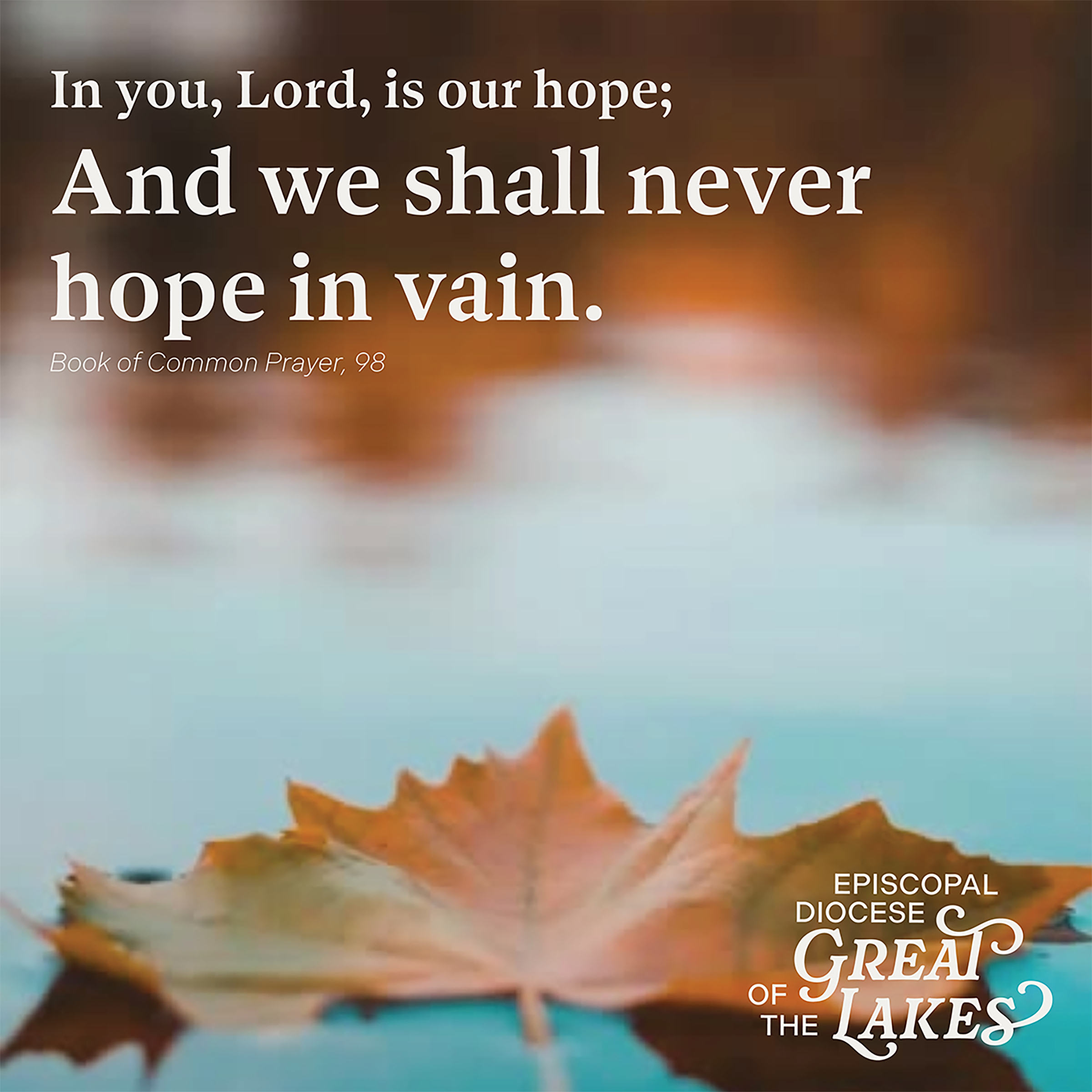 Image Description: A close-up of an autumn leaf floating on water, with the text: "In you, Lord, is our hope; And we shall never hope in vain. Book of Common Prayer, 98." The logo of the Episcopal Diocese of the Great Lakes is in the lower right corner.